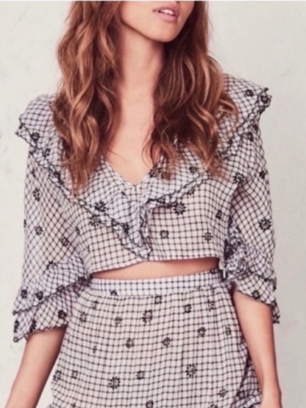 LoveShackFancy Blake Floral Ruffle Grid Top NWT